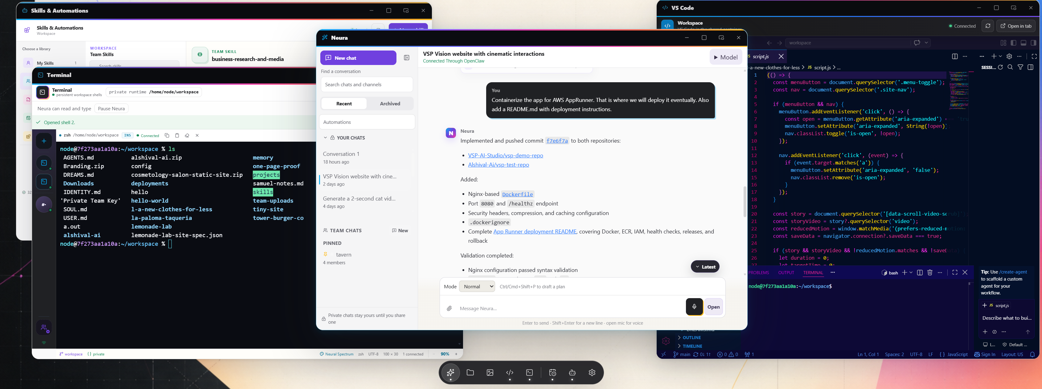 Neural Labs desktop with AI chat, Terminal, VS Code, and Skills & Automations open together.
