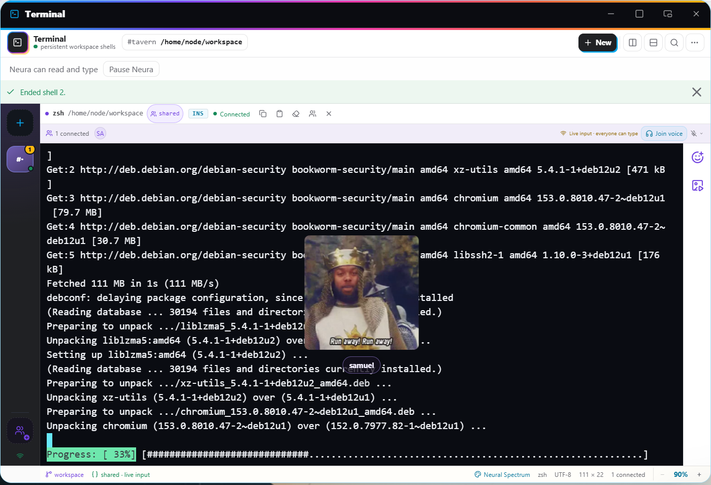 A teammate’s GIF reaction appears over command output in the shared terminal.